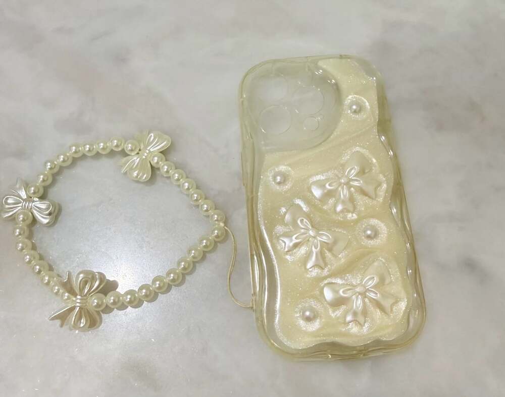 iPhone 15 Pro 3D Bows and Pearls Glitter Phone Case with Wrist Strap